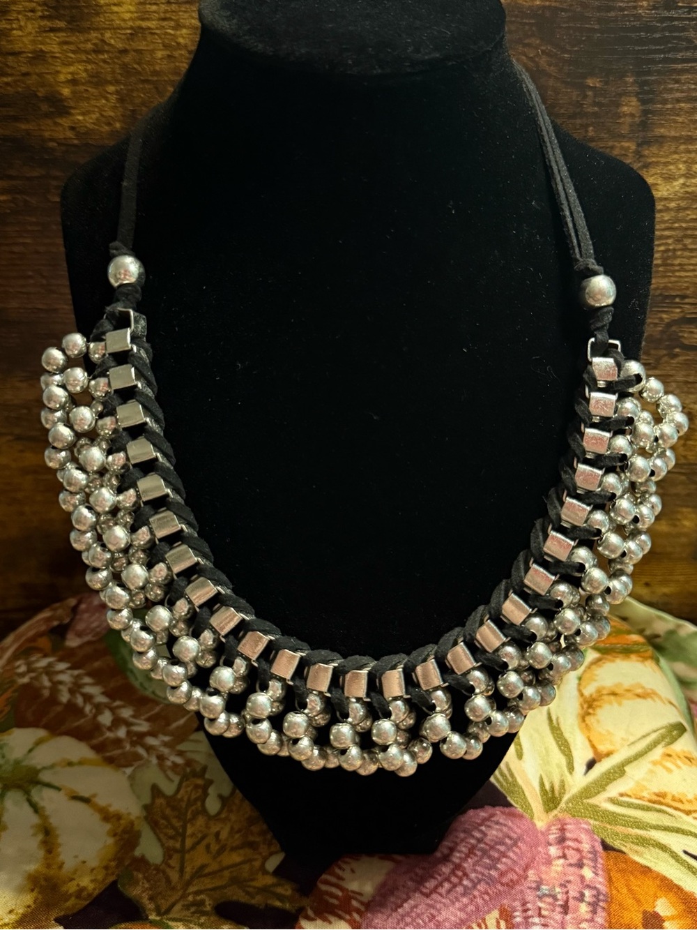 Textured Silver Bead and Cord Statement Necklace - Black and Silver